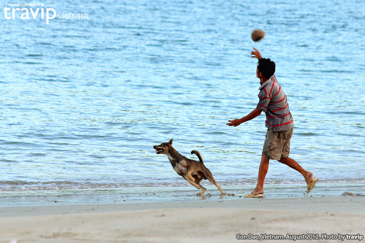 Người dân Côn Đảo nô đùa cùng chú chó trên bãi biển lúc hoàng hôn.